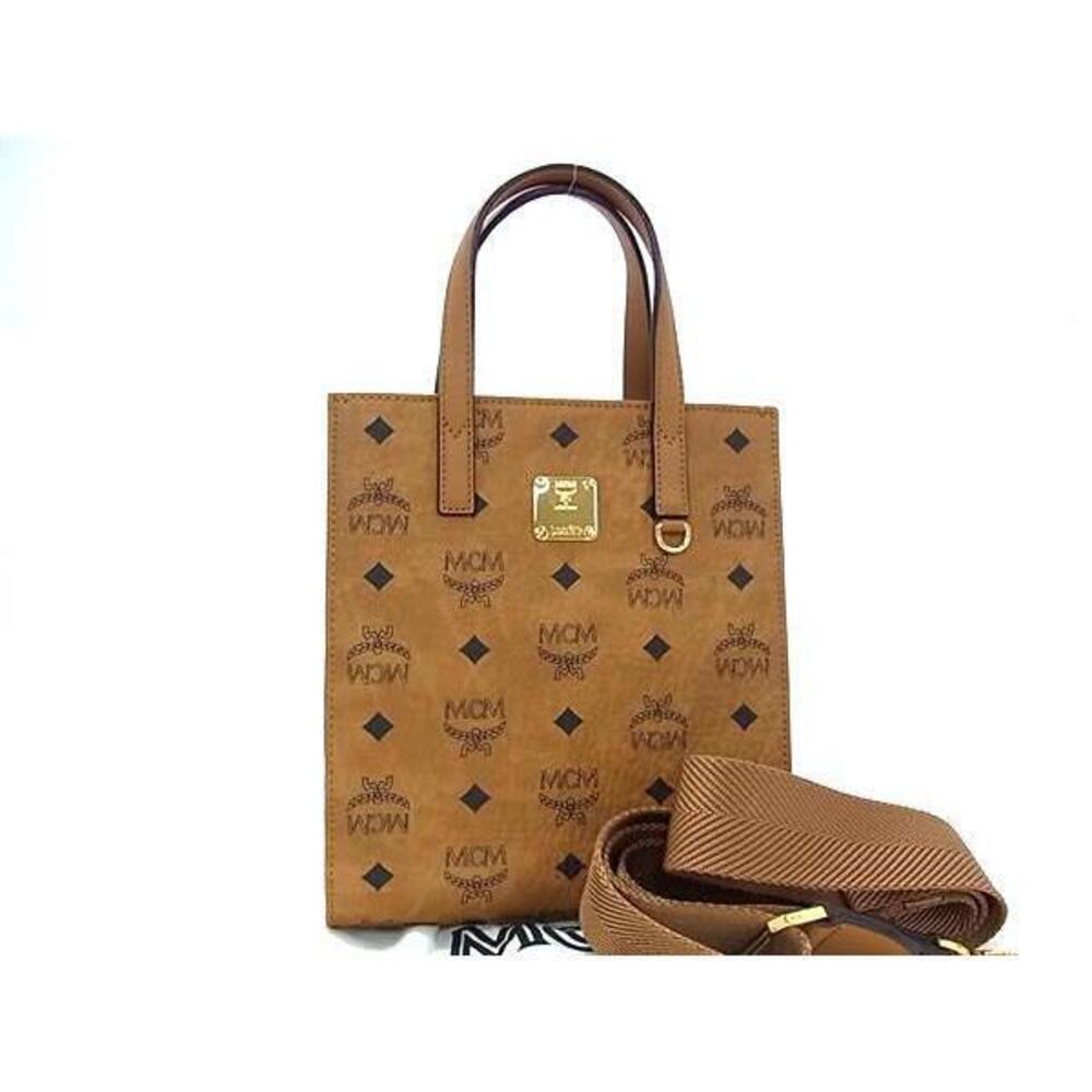 MCM Monogram Visetos Leather Handbag Tote Shoulder Bag Brown